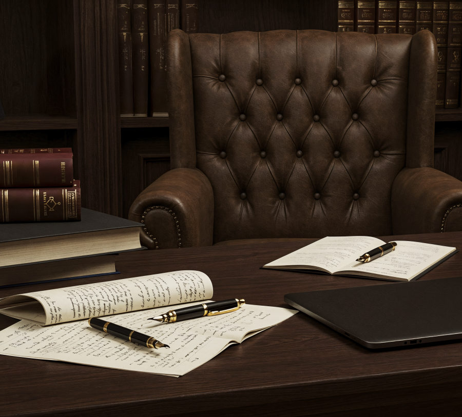 A lawyer's desk with legal documents and fountain pens